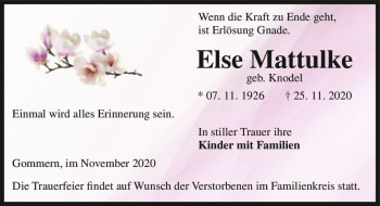 Traueranzeige von Else Mattulke (geb. Knodel)  von Magdeburger Volksstimme