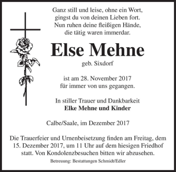Traueranzeige von Else Mehne (geb. Sixdorf)  von Magdeburger Volksstimme