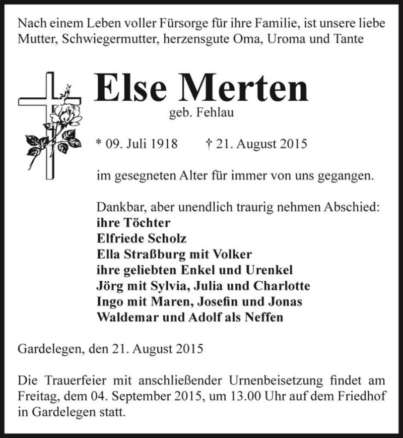  Traueranzeige für Else Merten (geb. Fehlau)  vom 25.08.2015 aus Magdeburger Volksstimme