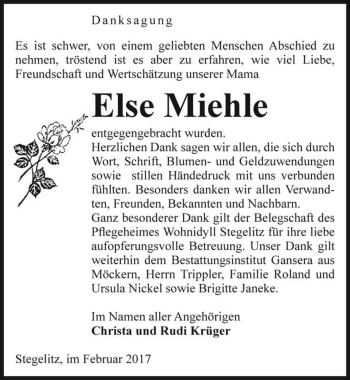 Traueranzeige von Else Miehle  von Magdeburger Volksstimme