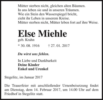 Traueranzeige von Else Miehle (geb. Krahn)  von Magdeburger Volksstimme