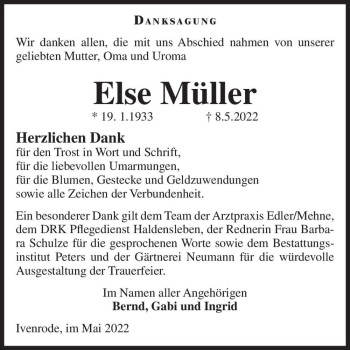 Traueranzeige von Else Müller  von Magdeburger Volksstimme