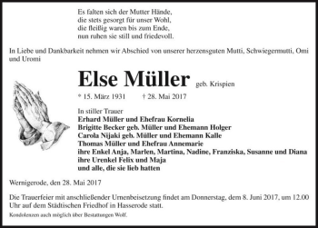 Traueranzeige von Else Müller (geb. Krispien)  von Magdeburger Volksstimme