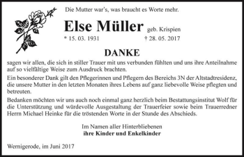 Traueranzeige von Else Müller (geb. Krispien)  von Magdeburger Volksstimme