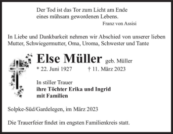 Traueranzeige von Else Müller (geb. Müller)  von Magdeburger Volksstimme