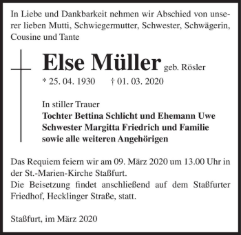 Traueranzeige von Else Müller (geb. Rösler)  von Magdeburger Volksstimme