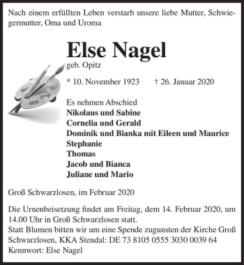 Traueranzeige von Else Nagel (geb. Opitz)  von Magdeburger Volksstimme