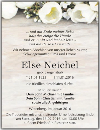 Traueranzeige von Else Neichel (geb. Langenstraß)  von Magdeburger Volksstimme