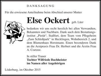 Traueranzeige von Else Ockert (geb. Lüer)  von Magdeburger Volksstimme