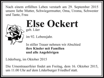Traueranzeige von Else Ockert (geb. Lüer)  von Magdeburger Volksstimme