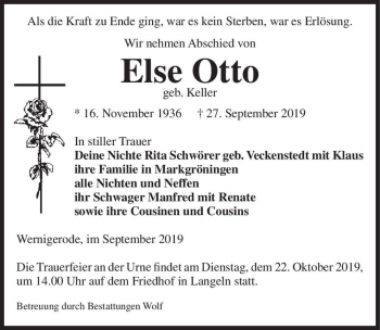 Traueranzeige von Else Otto (geb. Keller)  von Magdeburger Volksstimme