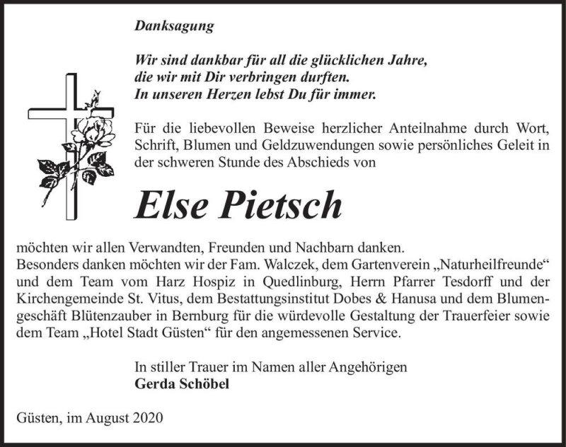  Traueranzeige für Else Pietsch  vom 08.08.2020 aus Magdeburger Volksstimme