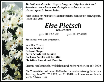 Traueranzeige von Else Pietsch (geb. Schöbel)  von Magdeburger Volksstimme