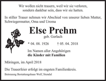 Traueranzeige von Else Prehm (geb. Gerlach)  von Magdeburger Volksstimme
