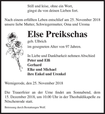 Traueranzeige von Else Preikschas (geb. Ulbrich)  von Magdeburger Volksstimme