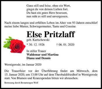 Traueranzeige von Else Pritzlaff (geb. Kartschewski)  von Magdeburger Volksstimme
