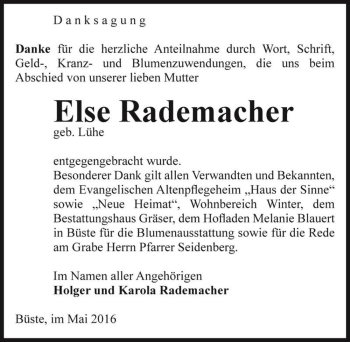 Traueranzeige von Else Rademacher (geb. Lühe)  von Magdeburger Volksstimme