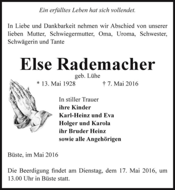 Traueranzeige von Else Rademacher (geb. Lühe)  von Magdeburger Volksstimme
