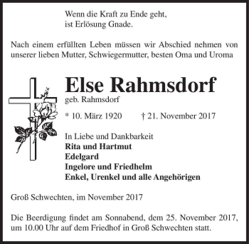 Traueranzeige von Else Rahmsdorf (geb. Rahmsdorf)  von Magdeburger Volksstimme