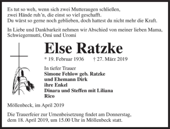 Traueranzeige von Else Ratzke  von Magdeburger Volksstimme