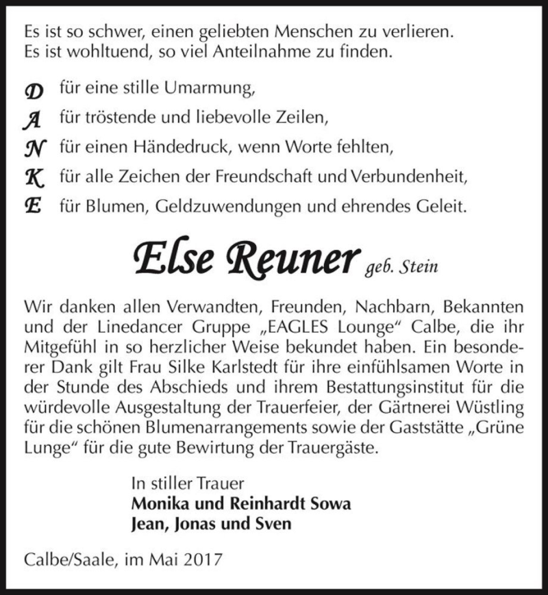  Traueranzeige für Else Reuner (geb. Stein)  vom 06.05.2017 aus Magdeburger Volksstimme