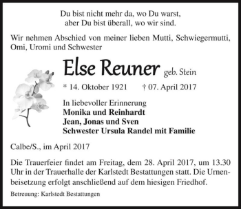 Traueranzeige von Else Reuner (geb. Stein)  von Magdeburger Volksstimme