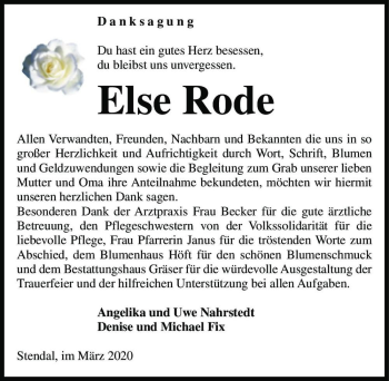 Traueranzeige von Else Rode  von Magdeburger Volksstimme
