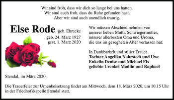 Traueranzeige von Else Rode (geb. Ehrecke)  von Magdeburger Volksstimme