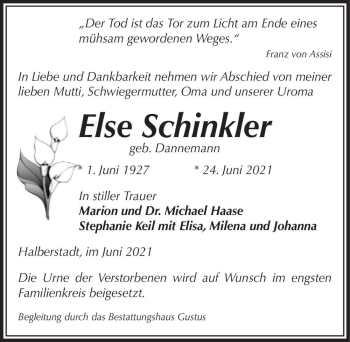 Traueranzeige von Else Schinkler (geb. Dannemann)  von Magdeburger Volksstimme