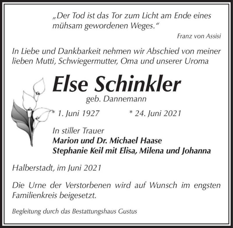  Traueranzeige für Else Schinkler (geb. Dannemann)  vom 03.07.2021 aus Magdeburger Volksstimme