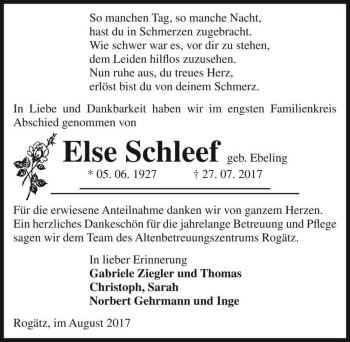 Traueranzeige von Else Schleef (geb. Ebeling)  von Magdeburger Volksstimme