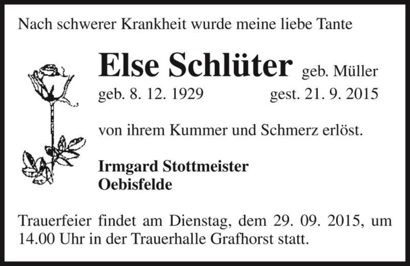  Traueranzeige für Else Schlüter (geb. Müller)  vom 26.09.2015 aus Magdeburger Volksstimme