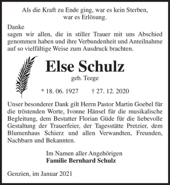 Traueranzeige von Else Schulz (geb. Teege)  von Magdeburger Volksstimme