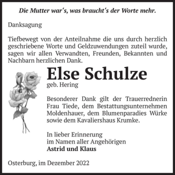 Traueranzeige von Else Schulze (geb. Hering)  von Magdeburger Volksstimme