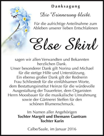 Traueranzeige von Else Skirl  von Magdeburger Volksstimme