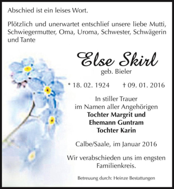 Traueranzeige von Else Skirl  von Magdeburger Volksstimme