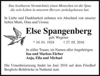 Traueranzeige von Else Spangenberg (geb. Wegener)  von Magdeburger Volksstimme