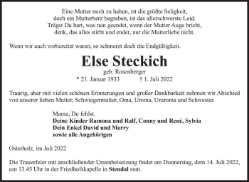 Traueranzeige von Else Steckich (geb. Rosenberger)  von Magdeburger Volksstimme