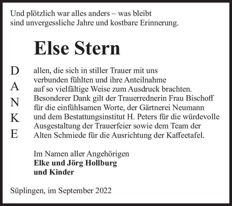  Traueranzeige für Else Stern  vom 24.09.2022 aus Magdeburger Volksstimme