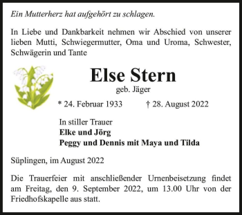 Traueranzeige von Else Stern (geb. Jäger)  von Magdeburger Volksstimme