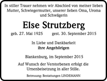 Traueranzeige von Else Strutzberg  von Magdeburger Volksstimme
