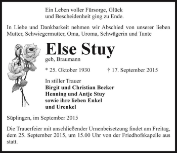 Traueranzeige von Else Stuy (geb, Braumann)  von Magdeburger Volksstimme