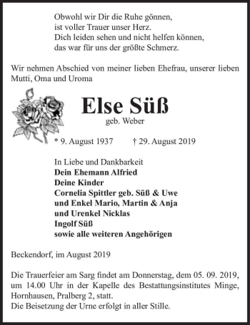 Traueranzeige von Else Süß (geb. Weber)  von Magdeburger Volksstimme