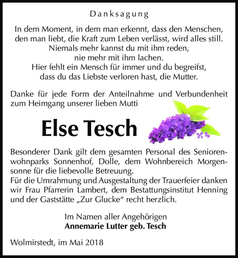  Traueranzeige für Else Tesch  vom 12.05.2018 aus Magdeburger Volksstimme