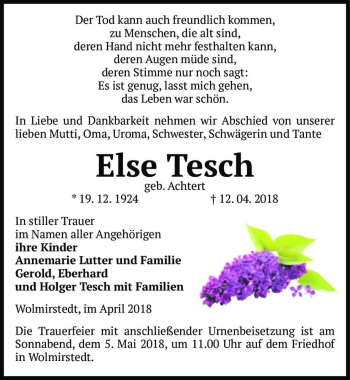 Traueranzeige von Else Tesch (geb. Achtert)  von Magdeburger Volksstimme