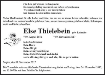 Traueranzeige von Else Thielebein (geb. Reinecke)  von Magdeburger Volksstimme