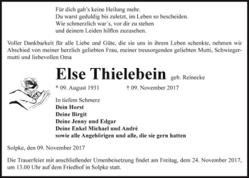 Traueranzeige von Else Thielebein (geb. Reinecke)  von Magdeburger Volksstimme