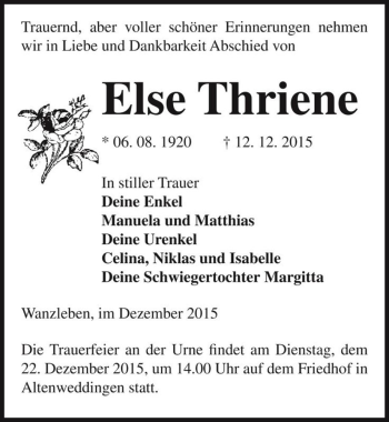 Traueranzeige von Else Thriene  von Magdeburger Volksstimme