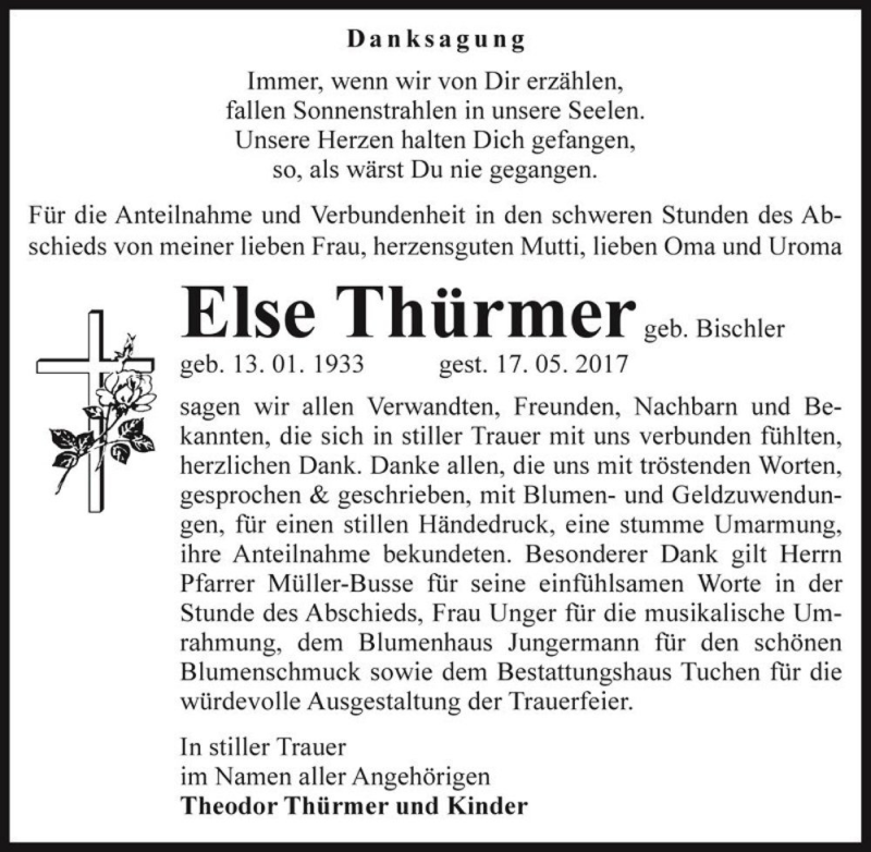  Traueranzeige für Else Thürmer (geb. Bischler)  vom 03.06.2017 aus Magdeburger Volksstimme