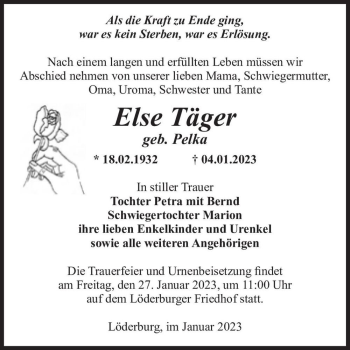 Traueranzeige von Else Täger (geb. Pelka)  von Magdeburger Volksstimme